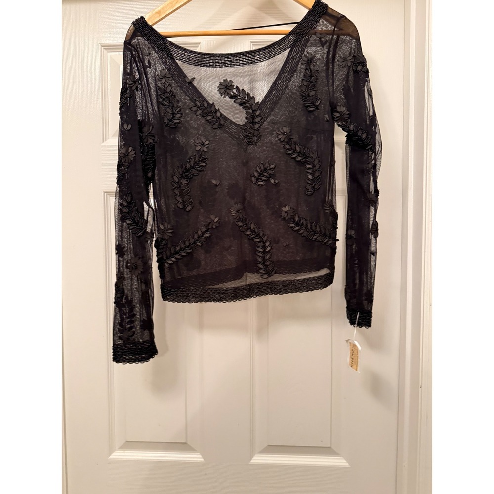 Jordan Louis Mesh Top Womens Small Black Beaded Floral Embroidered V-Neck Sheer